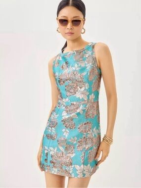 Lilly Pulitzer, NWT, Tangier Teal Floral Fling Metallic Dress